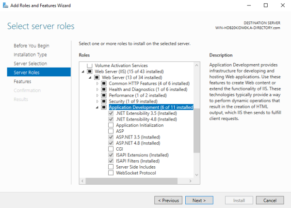 Selectig IIS roles Add Roles and Features Wizard